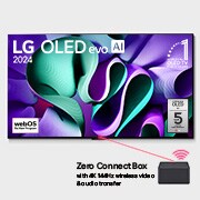 Vue avant de la TV LG OLED evo, OLED M4, avec le symbole numéro 1 mondial depuis 11 ans, le logo webOS Re:New Program, le logo 5 ans de garantie sur la dalle à l’écran, et une Zero Connect Box avec un