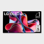 Vue de face avec le logo « LG OLED, le téléviseur numéro 1 mondial depuis 10 ans » et le logo « Garantie du panneau : 5 ans » sur l’écran