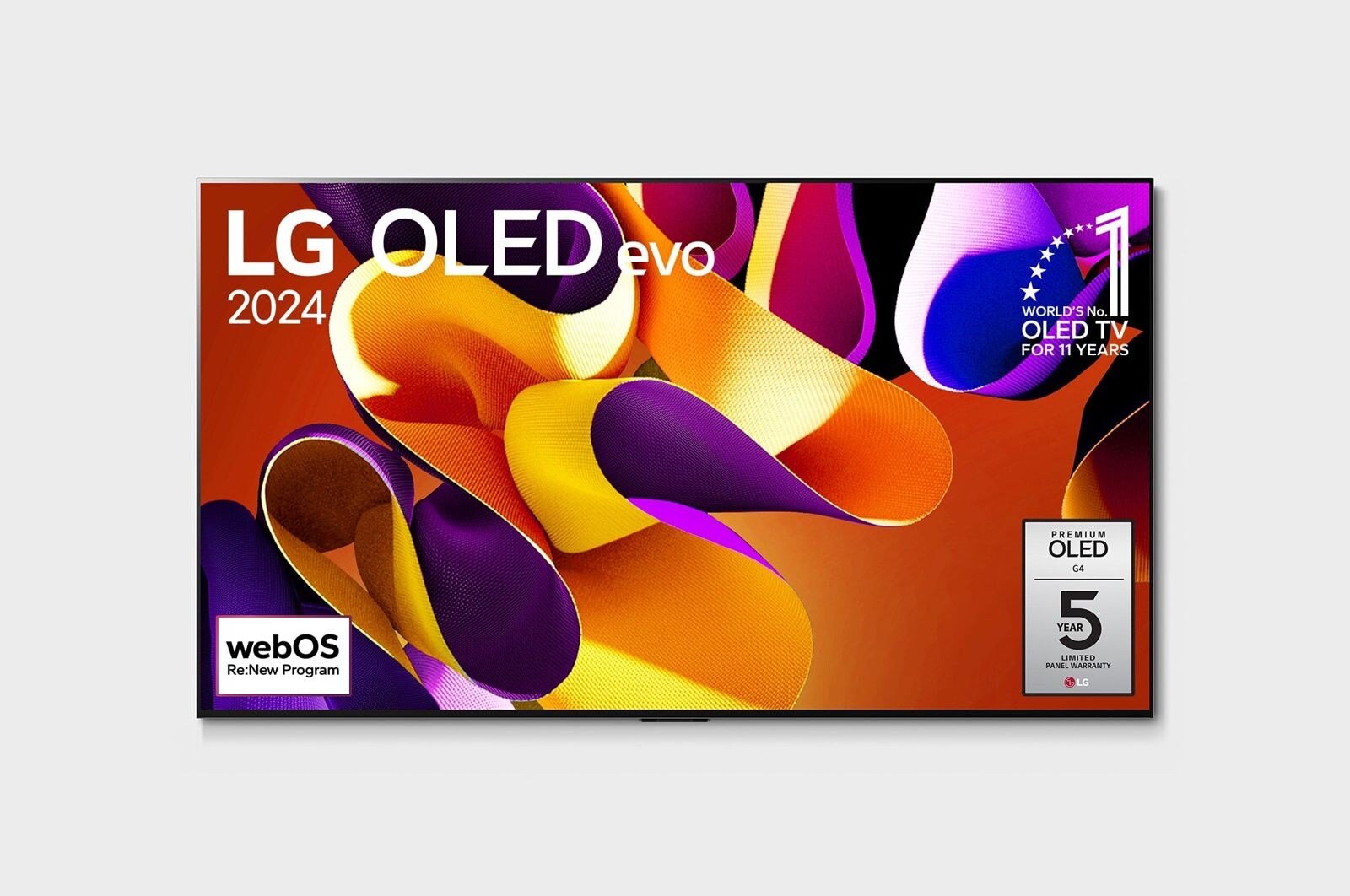 Vue de face d’un téléviseur LG OLED evo, OLED G4, logo OLED 11 ans numéro 1 mondial et logo 5 ans de garantie sur l’écran