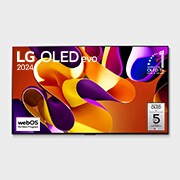 Vue de face d’un téléviseur LG OLED evo, OLED G4, logo OLED 11 ans numéro 1 mondial et logo 5 ans de garantie sur l’écran