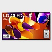 Vue de face d’un téléviseur LG OLED evo, OLED G4, logo OLED 11 ans numéro 1 mondial et logo 5 ans de garantie sur l’écran, incluant également la Barre de son au-dessous