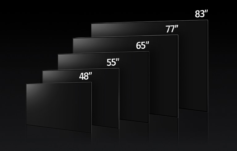 Image comparant les différentes tailles de LG OLED C3, présentant les modèles 48&quot;, 55&quot;, 65&quot; 77&quot; et 83&quot;.