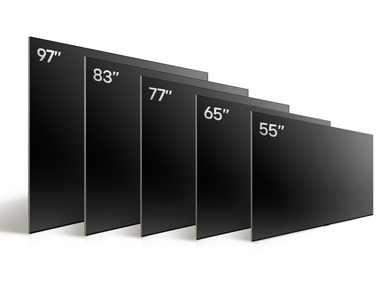 Comparaison des TV OLED LG, les différentes tailles d’OLED G4, montrant un OLED G4 55 pouces, OLED G4 65 pouces, OLED G4 77 pouces, OLED G4 83 pouces et un OLED G4 97 pouces.