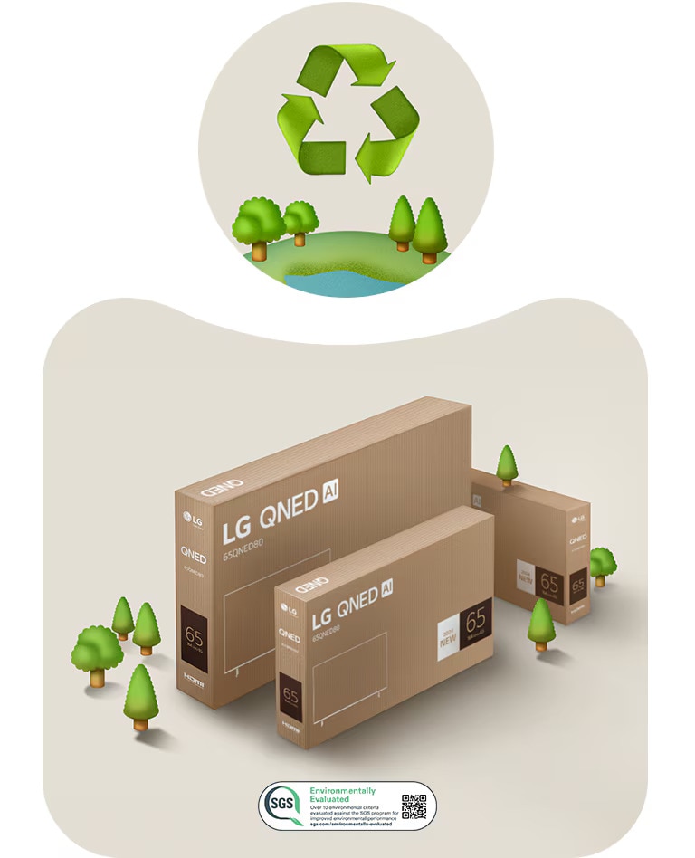 Un emballage LG QNED sur un fond beige avec des dessins d’arbres.