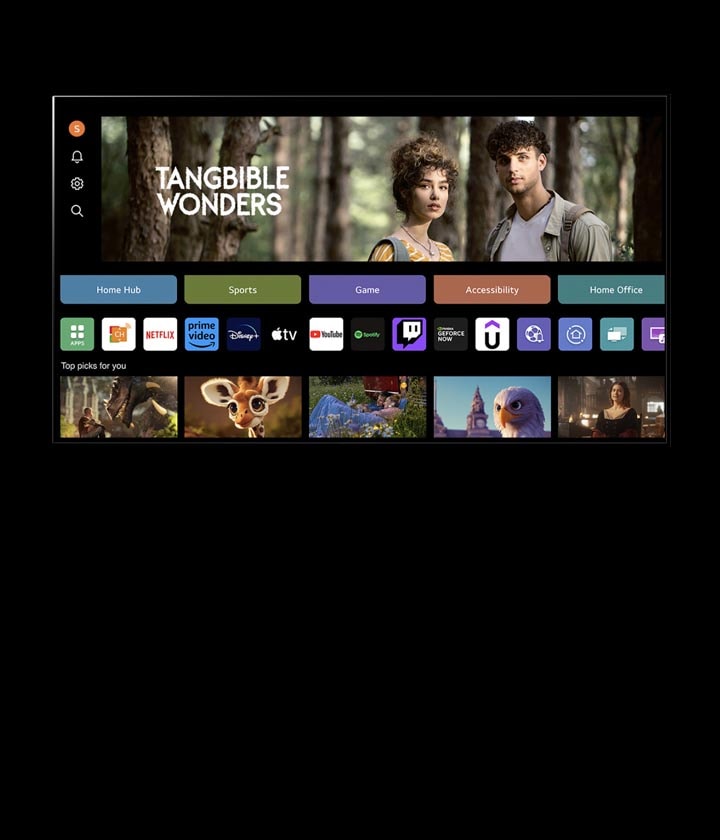 En la pantalla de una TV con IA de LG se muestra la sección Mi perfil. En el tercer lugar, un anuncio de Tangible Wonders. Por debajo del anuncio, se muestran los siguientes botones: Home Hub, Sports, Videojuegos, Accessibility, Oficina en casa. Abajo de los botones, se muestran los siguientes logotipos: LG Channels, Netflix, Prime Video, Disney+, Apple TV, YouTube, Spotify, Twitch, GeForce Now y Udemy. Abajo de los logotipos, aparecen 5 miniaturas de películas con el texto “Mejores elecciones para ti”.   En la esquina superior izquierda, un cursor hace clic en la “S” inicial. Se abre un menú desplegable de la cuenta de LG y se muestran cinco nombres. El cursor hace clic en el segundo al tiempo que las miniaturas y el contenido recomendado en la pantalla cambian.