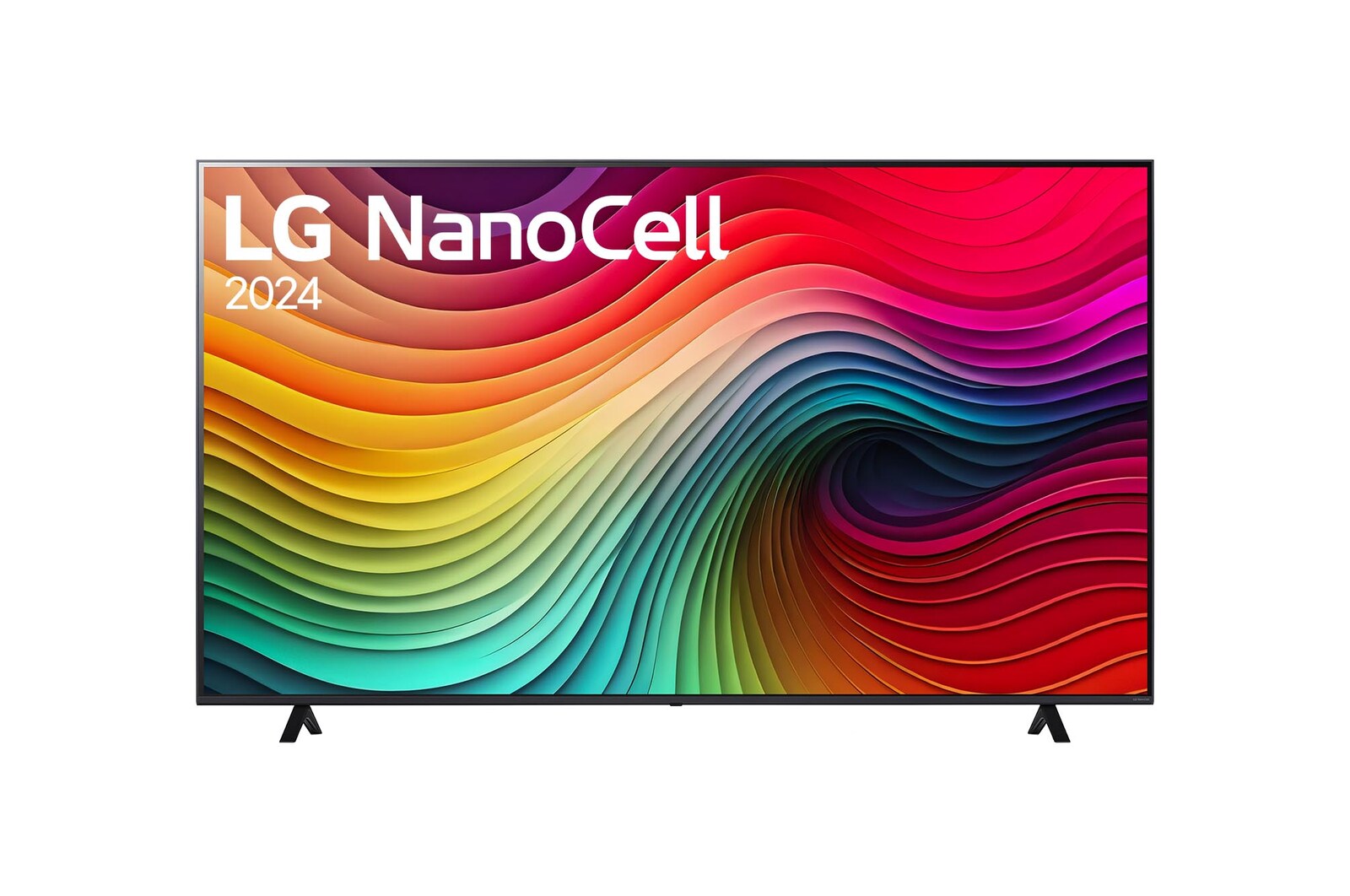 Front view of LG NanoCell TV, NANO80 with text of LG NanoCell, 2024, and webOS Re:New Program logo on screen