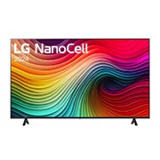 Front view of LG NanoCell TV, NANO80 with text of LG NanoCell, 2024, and webOS Re:New Program logo on screen