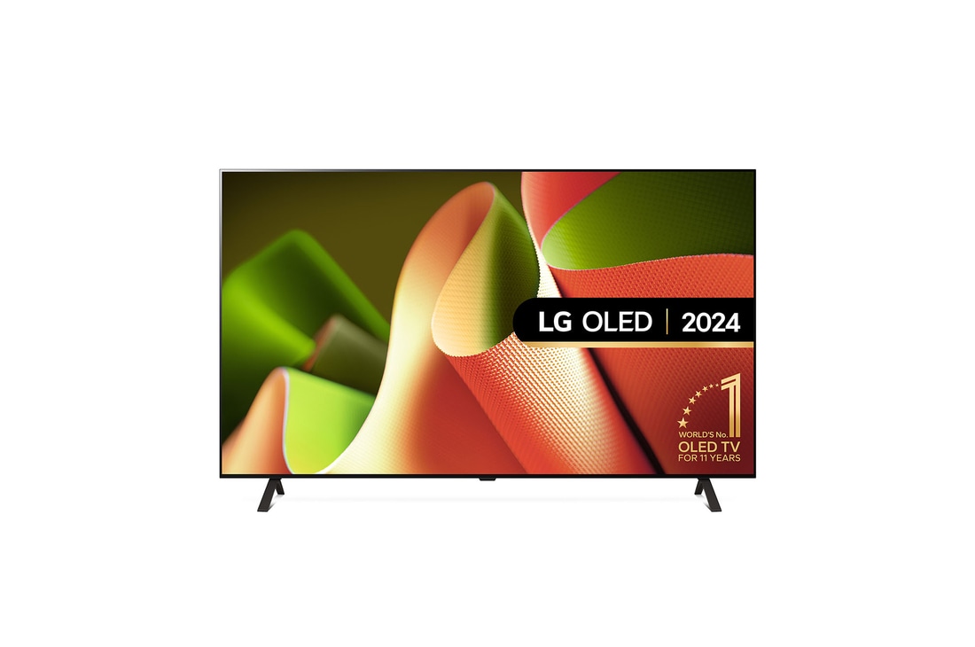 Front view with LG OLED TV, OLED B4, 11 Years of world number 1 OLED Emblem and webOS Re:New Program logo on screen with 2-pole stand
