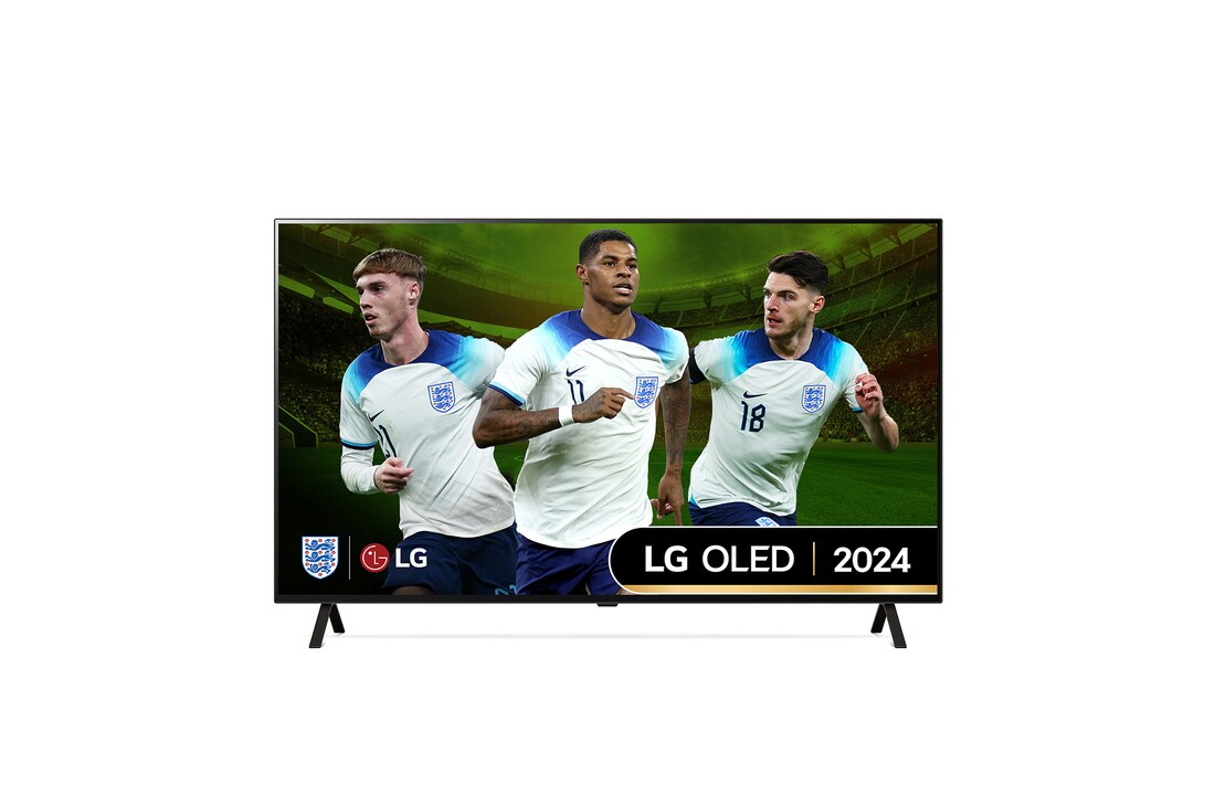 Front view with LG OLED TV, OLED B4, 11 Years of world number 1 OLED Emblem and webOS Re:New Program logo on screen with 2-pole stand