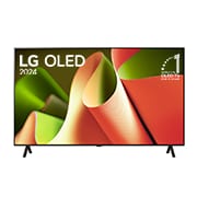 Front view with LG OLED TV, OLED B4, 11 Years of world number 1 OLED Emblem and webOS Re:New Program logo on screen with 2-pole stand
