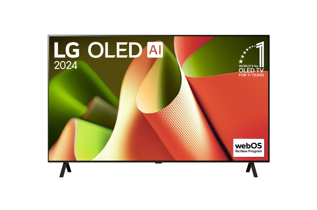 Front view with LG OLED TV, OLED B4, 11 Years of world number 1 OLED Emblem and webOS Re:New Program logo on screen with 2-pole stand