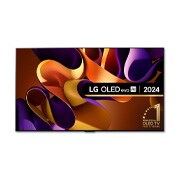 Front view with LG OLED evo TV, OLED G4, 11 Years of world number 1 OLED Emblem, and 5-Year Panel Warranty logo on screen