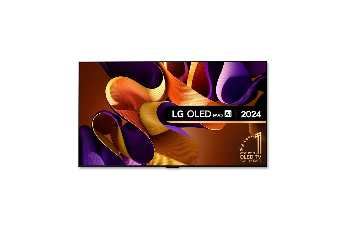 Front view with LG OLED evo TV, OLED G4, 11 Years of world number 1 OLED Emblem, and 5-Year Panel Warranty logo on screen