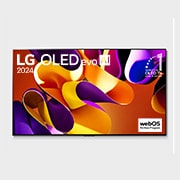 Front view with LG OLED evo TV, OLED G4, 11 Years of world number 1 OLED Emblem, and 5-Year Panel Warranty logo on screen