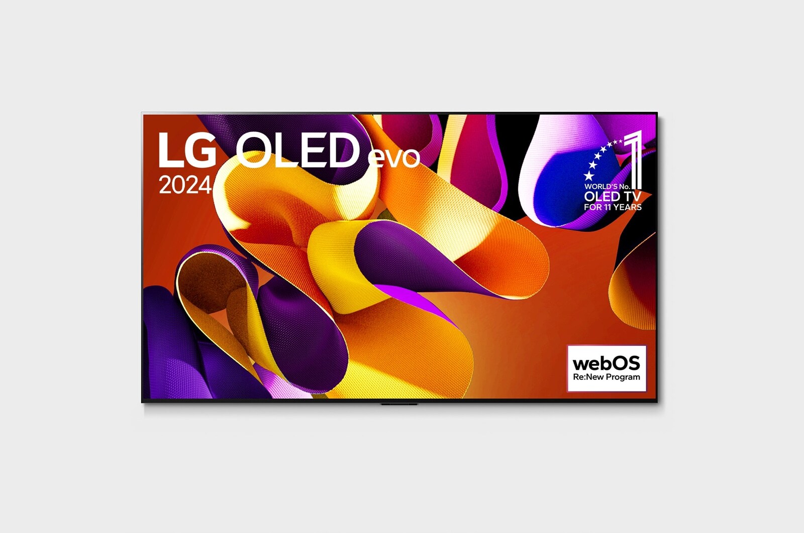 Front view with LG OLED evo TV, OLED G4, 11 Years of world number 1 OLED Emblem, and 5-Year Panel Warranty logo on screen, as well as the Soundbar below