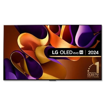 Front view with LG OLED evo TV, OLED G4, 11 Years of world number 1 OLED Emblem, and 5-Year Panel Warranty logo on screen