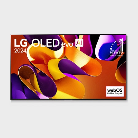 Front view with LG OLED evo TV, OLED G4, 11 Years of world number 1 OLED Emblem, and 5-Year Panel Warranty logo on screen