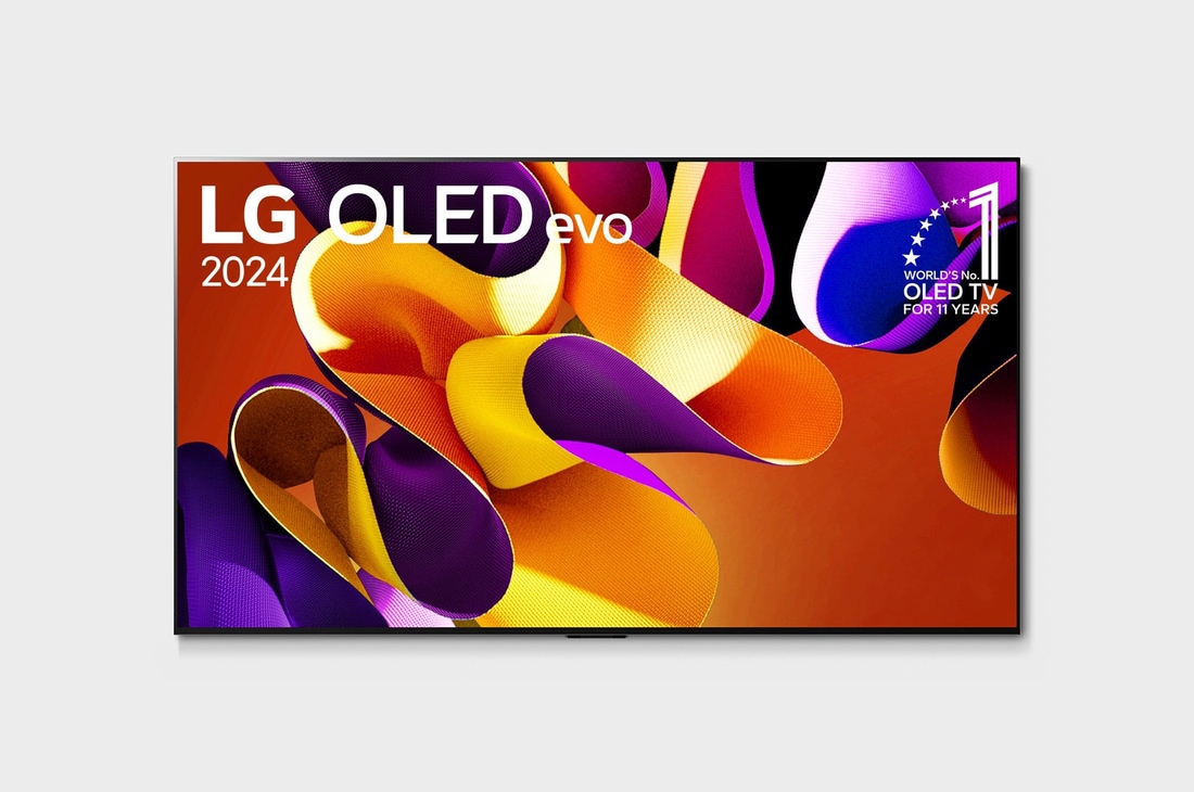 Front view with LG OLED evo TV, OLED G4, 11 Years of world number 1 OLED Emblem, and 5-Year Panel Warranty logo on screen