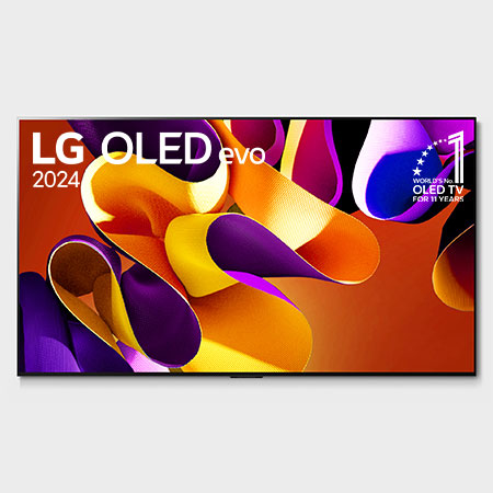 Front view with LG OLED evo TV, OLED G4, 11 Years of world number 1 OLED Emblem, and 5-Year Panel Warranty logo on screen