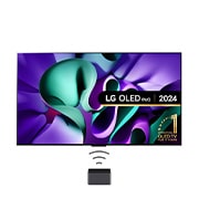 Vista frontal de un televisor LG OLED evo, OLED M4, el emblema de OLED de 11 año de número 1 del mundo, el logotipo de webOS Re:New Program, el logotipo de la garantía de 5 años del panel en la pantalla, una Zero Connect Box con transferencia inalámbrica de video y audio de 4K 144Hz conectada a un televisor, y una señal de Wi-Fi que sale de la caja