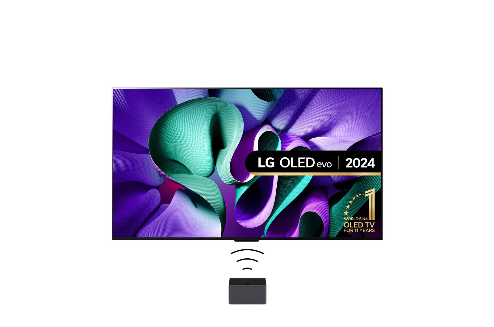 Vista frontal de un televisor LG OLED evo, OLED M4, el emblema de OLED de 11 año de número 1 del mundo, el logotipo de webOS Re:New Program, el logotipo de la garantía de 5 años del panel en la pantalla, una Zero Connect Box con transferencia inalámbrica de video y audio de 4K 144Hz conectada a un televisor, y una señal de Wi-Fi que sale de la caja
