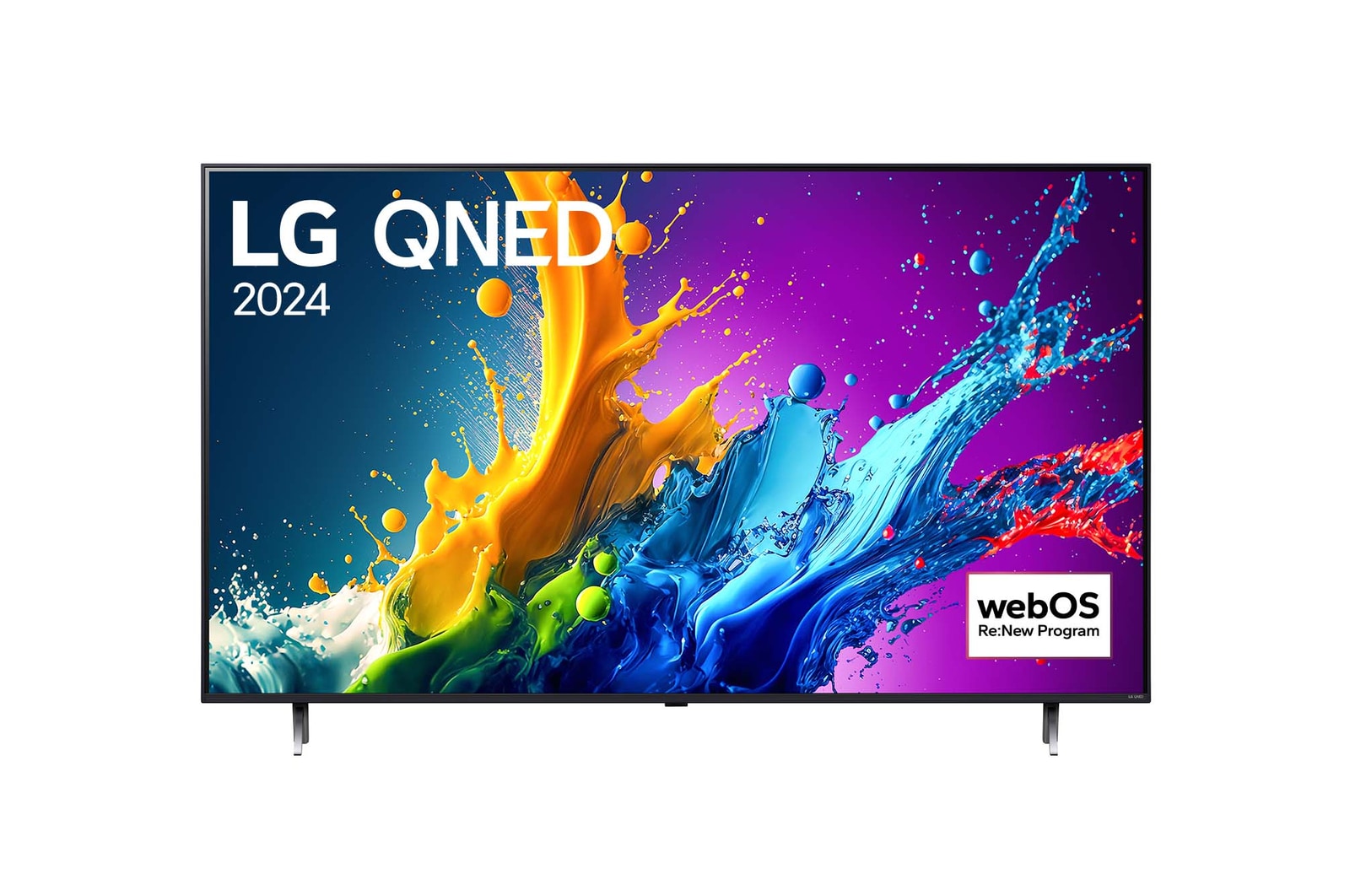 Front view of LG QNED TV, QNED90 with text of LG QNED MiniLED, 2024, and webOS Re:New Program logo on screen