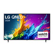 Front view of LG QNED TV, QNED90 with text of LG QNED MiniLED, 2024, and webOS Re:New Program logo on screen
