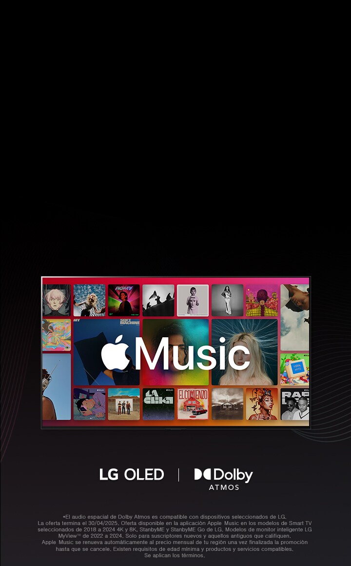 Un diseño de cuadrícula de álbumes con el logotipo de Apple Music superpuesto y los logotipos de LG OLED y Dolby Atmos debajo.