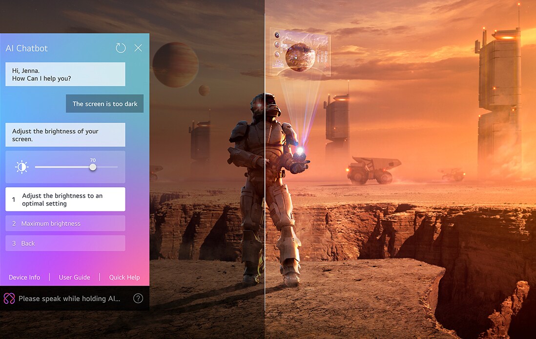 La pantalla de una LG QNED TV que reproduce contenido de ciencia ficción. En la pantalla, se muestra la interfaz de AI Chatbot. El usuario envió un mensaje al chatbot en el que dijo que la pantalla está demasiado oscura. El chatbot ofreció soluciones a la solicitud. Esta escena también está dividida por la mitad. Un lado está más oscuro y el otro más brillante; esto muestra cómo AI Chatbot solucionó automáticamente el problema del usuario.