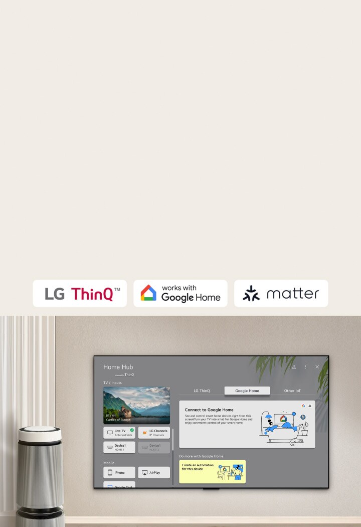 LG TV con Home Hub en la pantalla. En la interfaz de usuario se muestra Google Home, ThinQ y otros IoT para que puedas manejar con facilidad todos tus dispositivos inteligentes desde tu televisión.