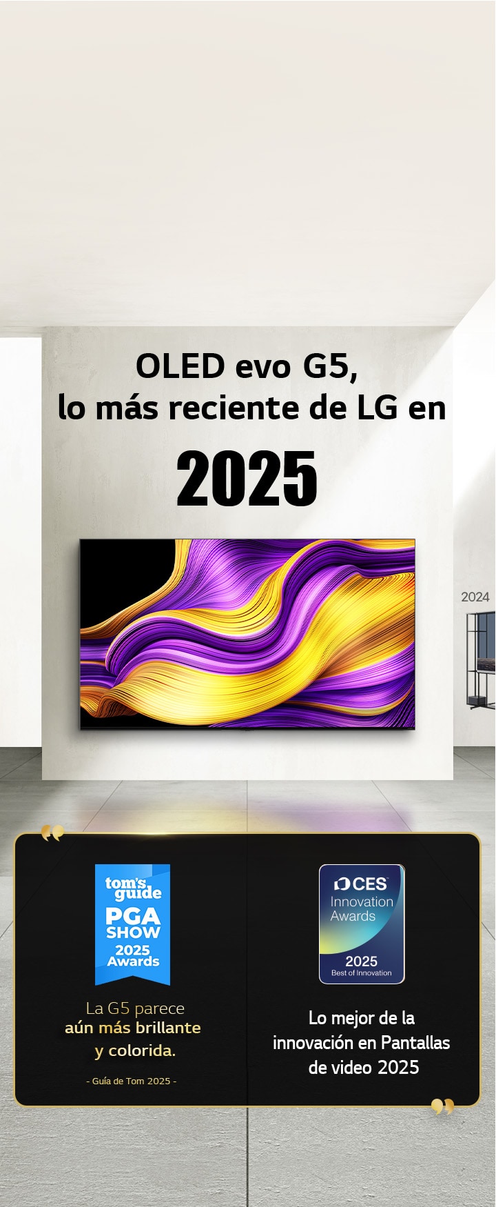 LG TV. El título dice “La última OLED evo G5 de LG 2025”. Junto a él, las menciones de los premios. La Guía de Tom: “La G5 parece aún más brillante y colorida”. Lo mejor de la innovación en Pantallas de video 2025 de los premios CES Innovation Awards. 