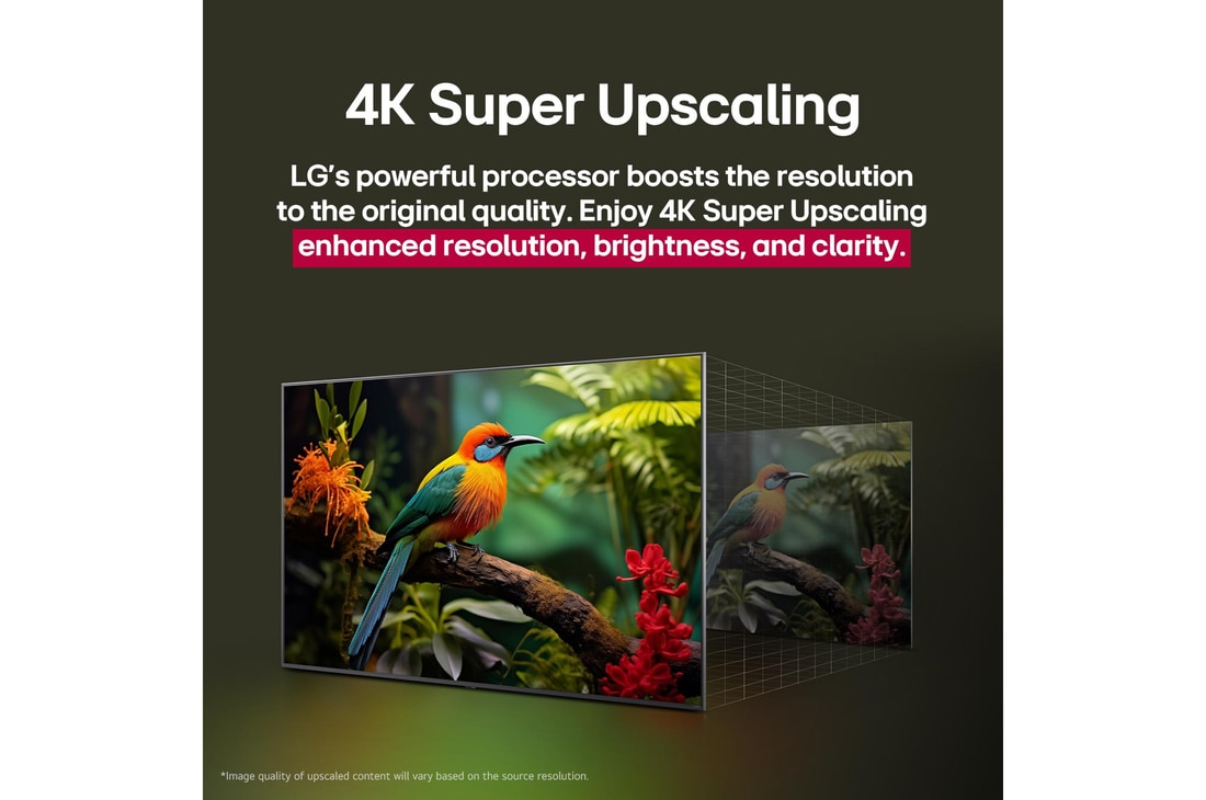 Comparación de antes y después de cómo el superescalado 4K de LG mejora la calidad de la imagen. Dos paneles muestran la misma imagen de un pájaro colorido posado en una rama en el bosque, el panel de la derecha está difuminado. El título hace referencia a cómo el superescalado 4K mejora la resolución, el brillo y la claridad.
