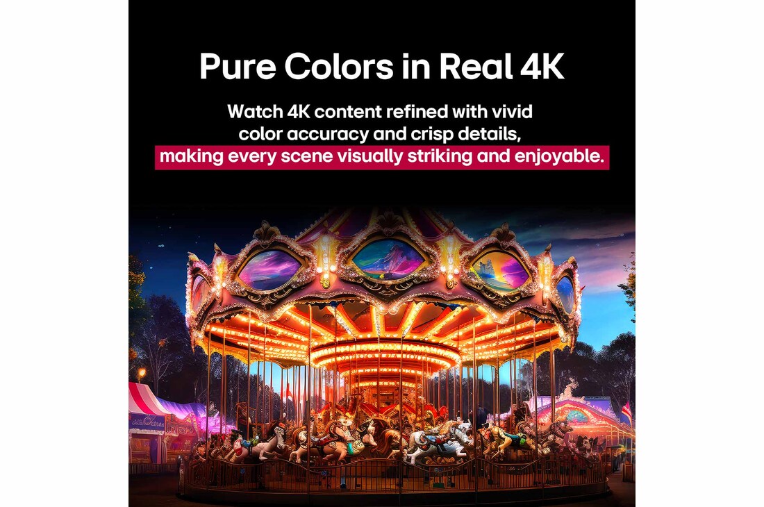 Una imagen dividida por la mitad para mostrar un antes y un después de Colores puros en 4K real. La parte izquierda del carrusel es nítida y colorida, mientras que la derecha está difuminada. El título hace referencia a cómo cada escena consigue ser visualmente más llamativa y agradable.