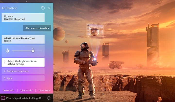 En la pantalla de un televisor LG OLED se reproduce contenido de ciencia ficción. En el lado izquierdo de la pantalla se encuentra la interfaz del chatbot de inteligencia artificial. El usuario le envía un mensaje al chatbot indicando que la pantalla está demasiado oscura y el chatbot ofrece soluciones a la solicitud.