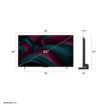 Vista de frente y lateral de la Smart TV LG OLED evo AI C5 4K en la que se ven sus dimensiones de longitud, ancho, altura y profundidad.