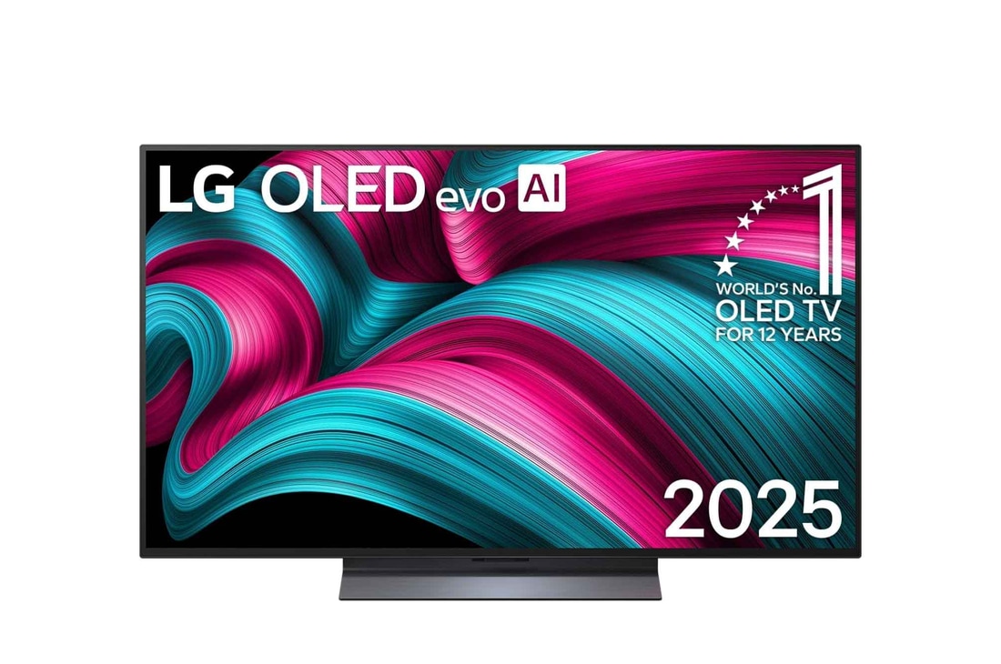 Front view of LG OLED evo AI C5 4K Smart TV. 12 Years of world number 1 OLED emblem and LG OLED evo AI 2025 logo are on the screen.