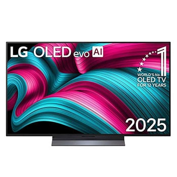 Front view of LG OLED evo AI C5 4K Smart TV. 12 Years of world number 1 OLED emblem and LG OLED evo AI 2025 logo are on the screen.