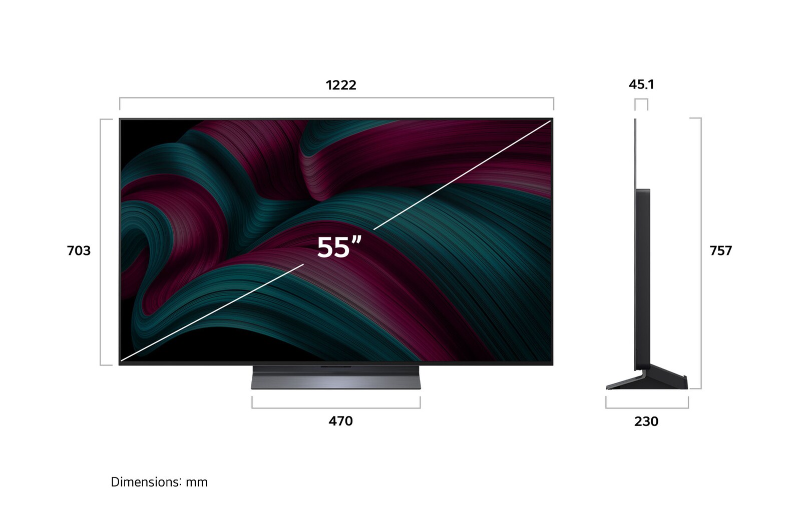 Vista de frente y lateral de la Smart TV LG OLED evo AI C5 4K en la que se ven sus dimensiones de longitud, ancho, altura y profundidad.