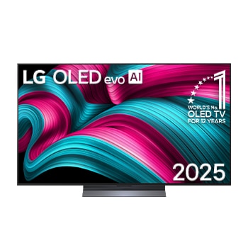 Vista de frente de la Smart TV LG OLED evo AI C5 4K. El emblema “OLED, número 1 del mundo durante 12 años” y el logotipo de LG OLED evo AI 2025 aparecen en la pantalla.
