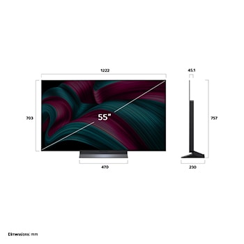 Vista de frente y lateral de la Smart TV LG OLED evo AI C5 4K en la que se ven sus dimensiones de longitud, ancho, altura y profundidad.