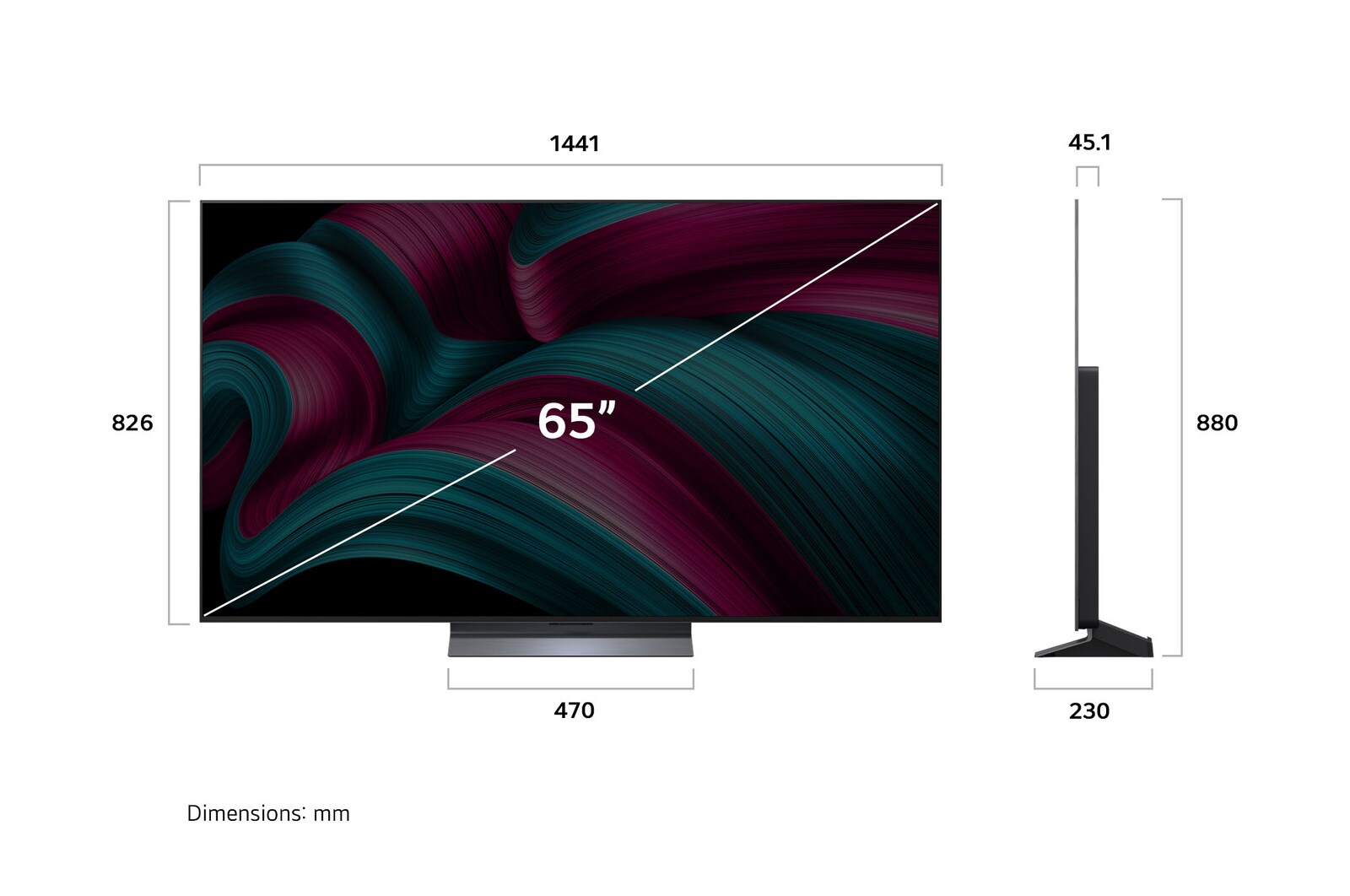 Vista de frente y lateral de la Smart TV LG OLED evo AI C5 4K en la que se ven sus dimensiones de longitud, ancho, altura y profundidad.