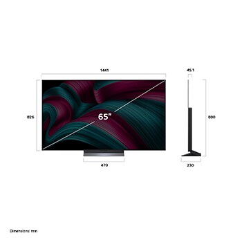 Vista de frente y lateral de la Smart TV LG OLED evo AI C5 4K en la que se ven sus dimensiones de longitud, ancho, altura y profundidad.