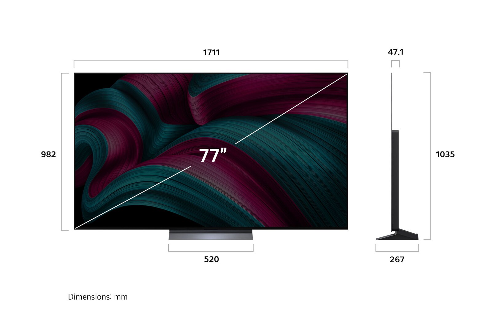 Vista de frente y lateral de la Smart TV LG OLED evo AI C5 4K en la que se ven sus dimensiones de longitud, ancho, altura y profundidad.