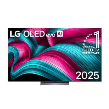 Vista de frente de la Smart TV LG OLED evo AI C5 4K. El emblema “OLED, número 1 del mundo durante 12 años” y el logotipo de LG OLED evo AI 2025 aparecen en la pantalla.