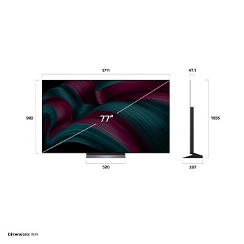 Vista de frente y lateral de la Smart TV LG OLED evo AI C5 4K en la que se ven sus dimensiones de longitud, ancho, altura y profundidad.