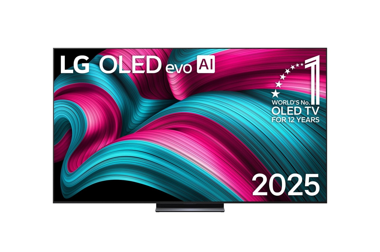 Vista de frente de la Smart TV LG OLED evo AI C5 4K. El emblema “OLED, número 1 del mundo durante 12 años” y el logotipo de LG OLED evo AI 2025 aparecen en la pantalla.