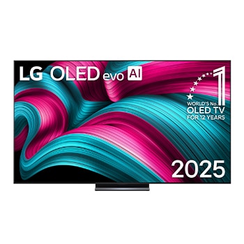 Vista de frente de la Smart TV LG OLED evo AI C5 4K. El emblema “OLED, número 1 del mundo durante 12 años” y el logotipo de LG OLED evo AI 2025 aparecen en la pantalla.