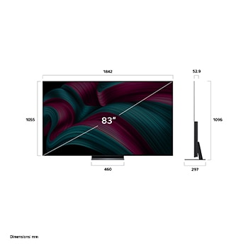 Vista de frente y lateral de la Smart TV LG OLED evo AI C5 4K en la que se ven sus dimensiones de longitud, ancho, altura y profundidad.