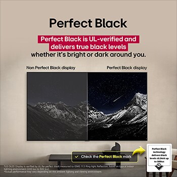 Sala de estar con una LG OLED TV montada en la pared. En la TV se muestra una cadena montañosa bajo un cielo nocturno oscuro lleno de estrellas. Esta escena está dividida a la mitad para mostrar cómo Negro Perfecto ofrece verdaderos niveles de negro, ya sea que haya luz u oscuridad a tu alrededor. Una mitad de la imagen muestra una versión más opaca y gris del paisaje, con la etiqueta: Pantalla sin Negro Perfecto. La otra mitad muestra una imagen más atractiva con un mayor rango dinámico de negros y blancos. Esta mitad dice: Pantalla negro perfecto. También puede verse el logotipo de certificación: La tecnología Negro Perfecto ofrece niveles de negro inferiores o iguales a 0,24 nit y hasta 500 lux. A su lado, hay un globo de texto en el que se lee: Verifica la marca de certificación Negro Perfecto.