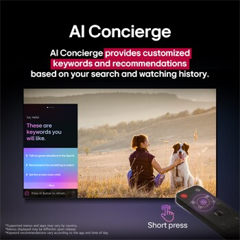 LG AI Magic Remote frente a la pantalla de una LG TV. En la pantalla, aparece un saludo personalizado de LG AI con palabras clave personalizadas basadas en el historial de búsquedas y visualizaciones del usuario. En el control remoto hay un ícono y una etiqueta en los que se indica que se puede acceder fácilmente a las funciones de AI Concierge con solo pulsar brevemente el botón de IA. 